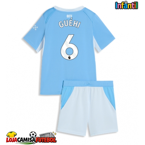 Camisa de Futebol Manchester City Marc Guehi #6 Equipamento Principal Infantil 2026-27 Manga Curta (+ Calças curtas)